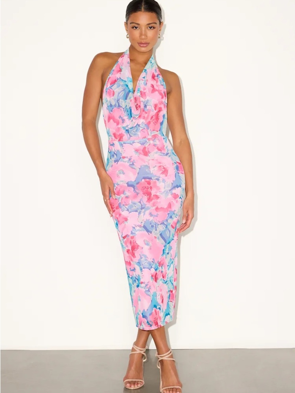 NWTs Lulu’s Venus Teal and Pink Floral Mesh Backless Midi Dress